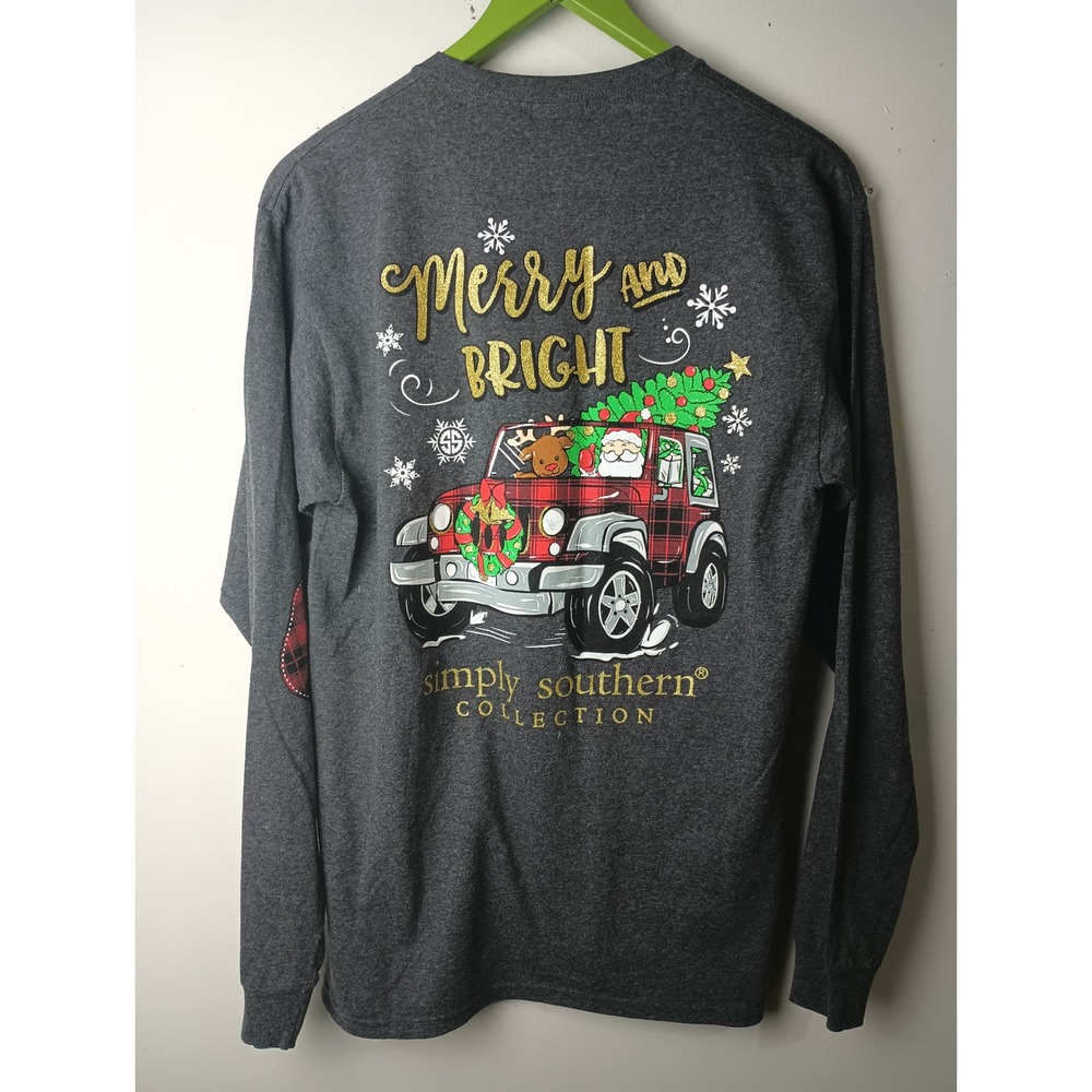 Simply Southern Merry and Bright Christmas Jeep Plaid Long Sleeve Tee Gray M